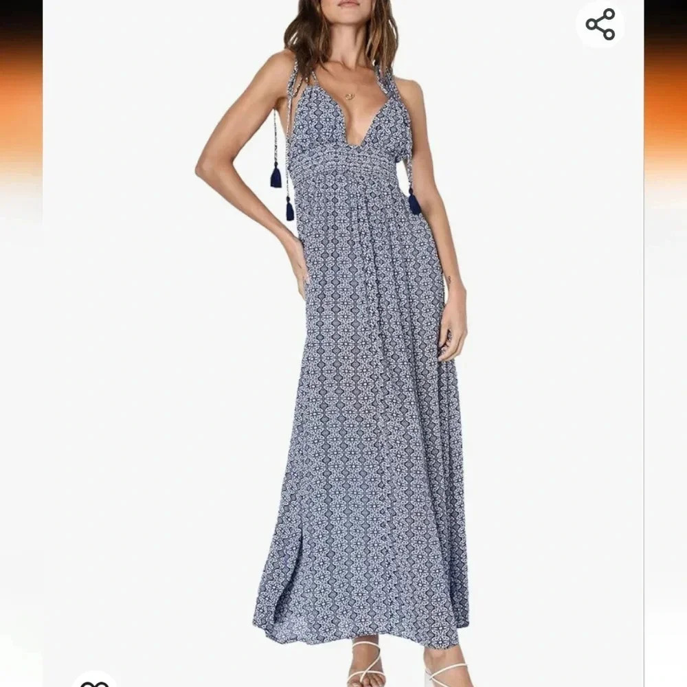 Lulu's Blue Field Day Spaghetti Tie-Strap Maxi Dress